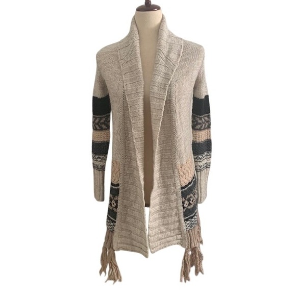 American Eagle Outfitters Sweaters - Fringe Open Front Cardigan XXS Wool Blend Coastal Grandma Boho Pink Beige Snag